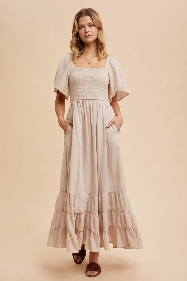Cream Smocked Cotton Flutter Sleeve Dress