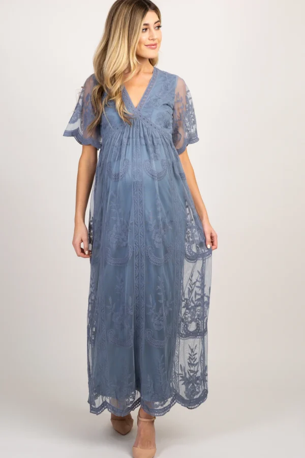 Blue Lace Mesh Overlay Maternity Maxi Dress
