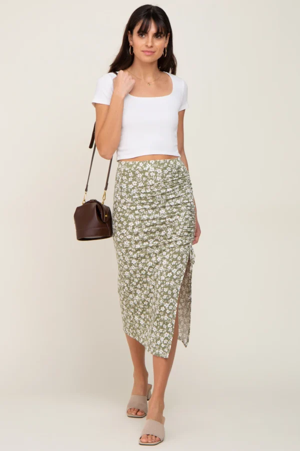 Floral Drawstring Front Midi Skirt